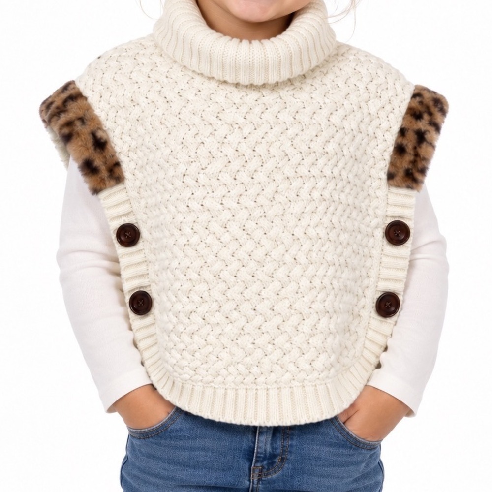 Aspen Kids Ivory Cable Knit Poncho Sweater Leopard Faux Fur Trim Girls M 7/8